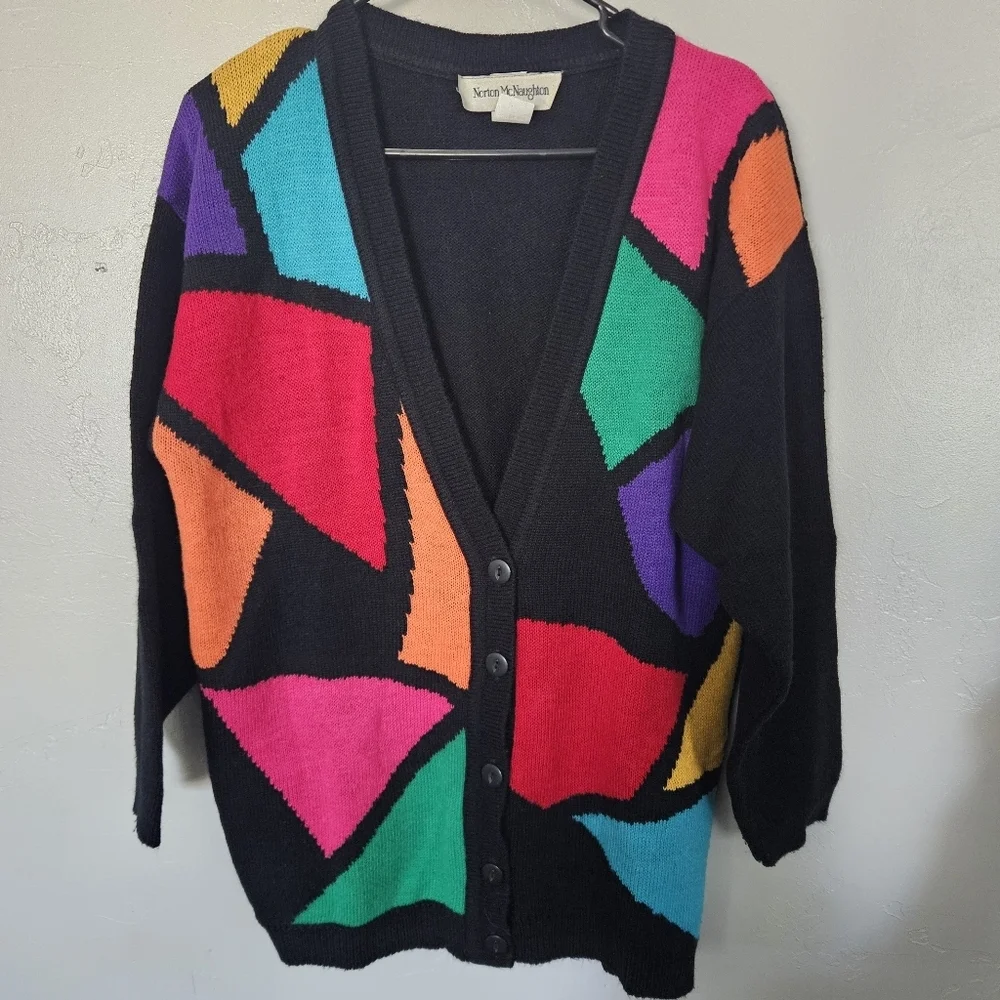 Norton McNaughton Vintage Womens Small Colorful Geometric Cardigan Sweater Funky - Picture 1 of 7